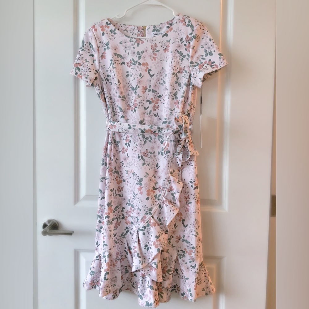 Calvin Klein - Women's Floral-Print Short-Sleeve Ruffle-Hem Dress